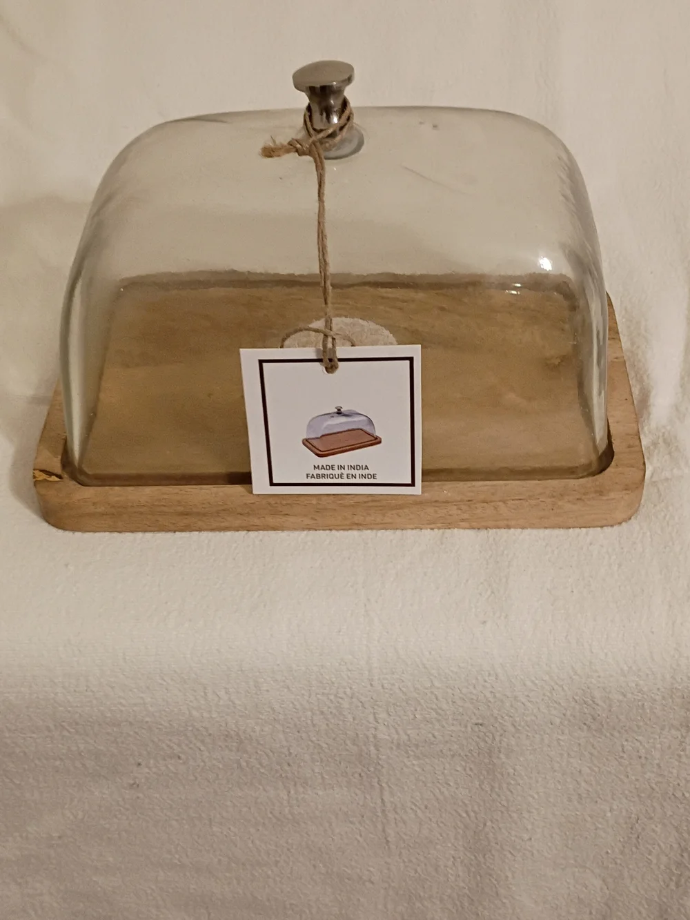 Clear Glass Dome Butter/Cheese Dish with Natural Wood Tray